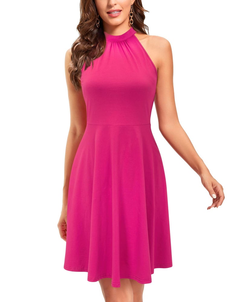 OUGES Women's 2026 Summer Fashion Pink Halter Neck Sleeveless Tie Back Swing A-Line Sundress Beach Vacation Dress(Hot Pink,L) - Image 5